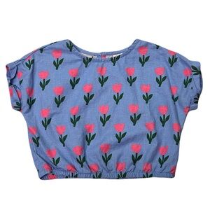 Hanna Andersson Floral Top Size 6-7 (120) Cotton Linen Spring Blue Pink Bloom